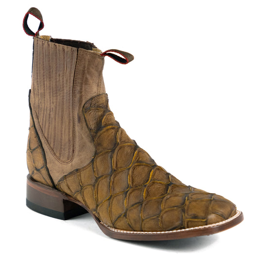 1814 - RockinLeather Men's Retro Brown Leather Pirarucu Print Chelsea Boot