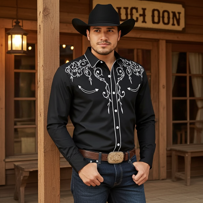 NIHMEN 3 - Men's Black Embroidered Western Shirt