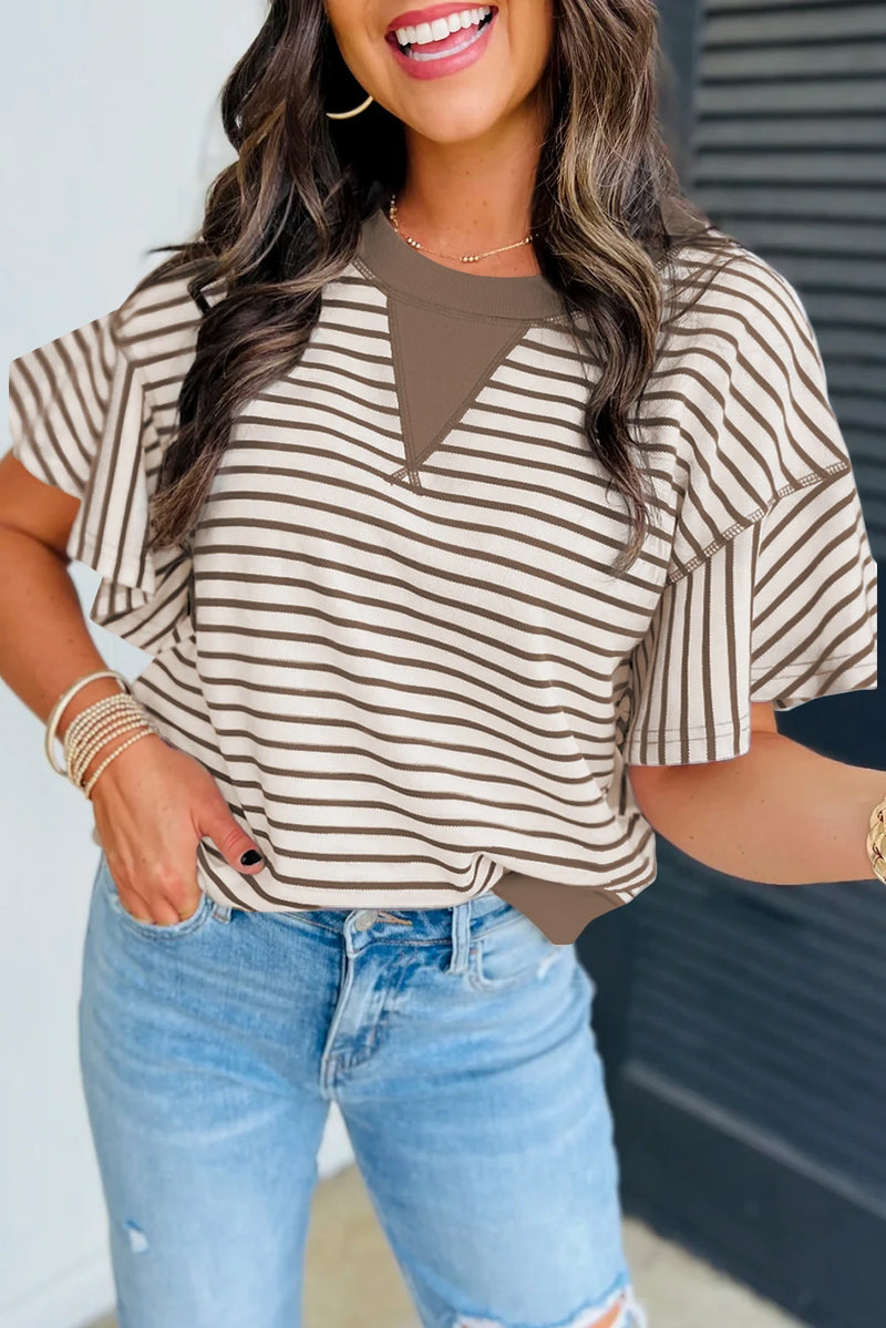Load image into Gallery viewer, DLLS496 - Ladies Parchment Contrast Detail Striped Ruffle Short Sleeve Top
