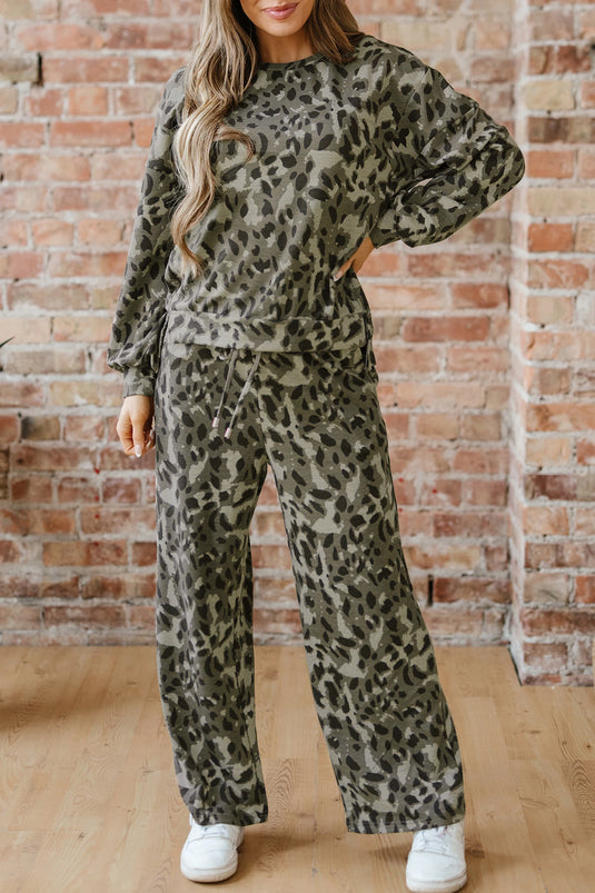 DLLS1018 - Ladies Gray Leopard Print Seam Patchwork Pullover Drawstring Loose Pant Set