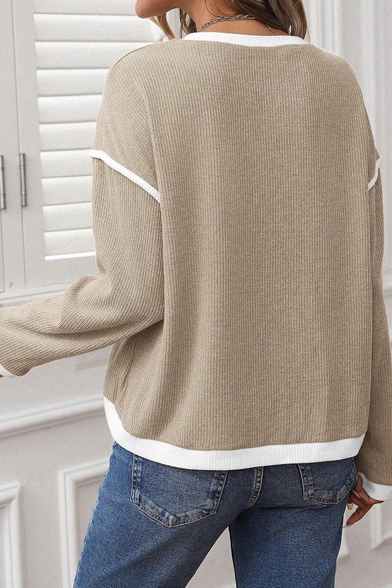Load image into Gallery viewer, DLLS170 - Ladies Beige Contrast Color Trim Knit Drop Shoulder Loose Top
