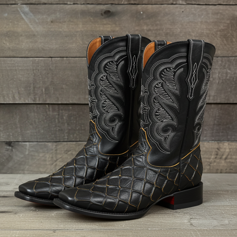 Load image into Gallery viewer, CP1702 - Cowboy Prayer Pirarucu Print w/Yellow Underlay Cowboy Boots
