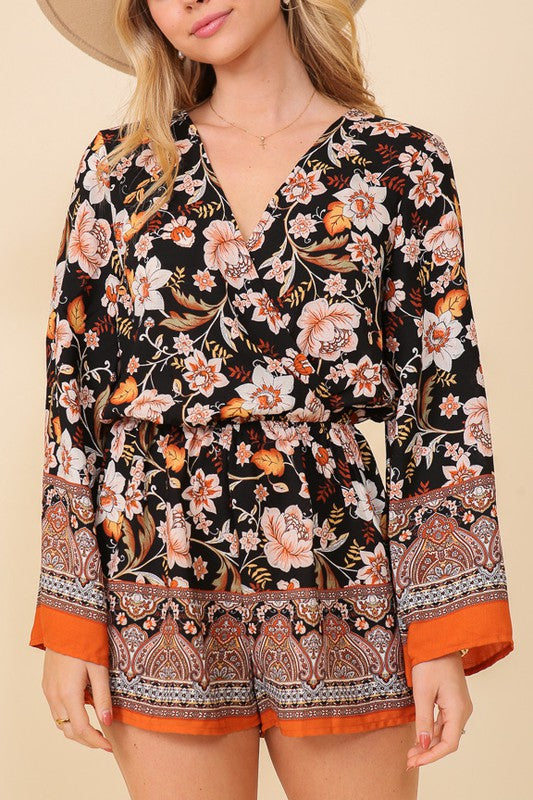 TIM10 - Ladies Black Combo Boho Floral Print Summer Romper