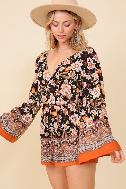 TIM10 - Ladies Black Combo Boho Floral Print Summer Romper