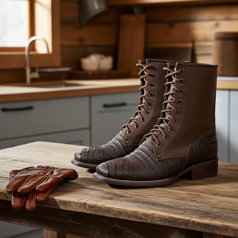 Load image into Gallery viewer, CP5002 - Cowboy Prayer Men&#39;s Gator Print Lace Up Packer Boots
