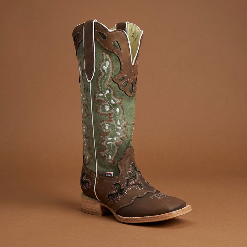 Load image into Gallery viewer, 2181 - RockinLeather Women's Tall Distressed Brown/Olive Green Boot With Wide Square Toe
