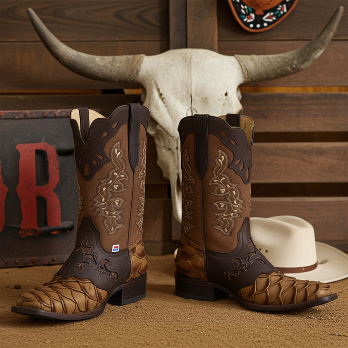 1244 - RockinLeather Men's Pirarucu Print Leather Boot W/Overlay