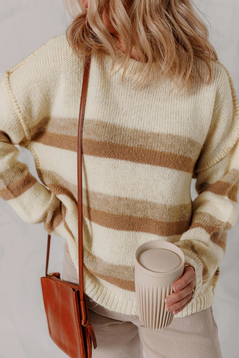 Load image into Gallery viewer, DLLS924 - Ladies Khaki Stripe Exposed Seam Drop Shoulder Knit Baggy Sweater
