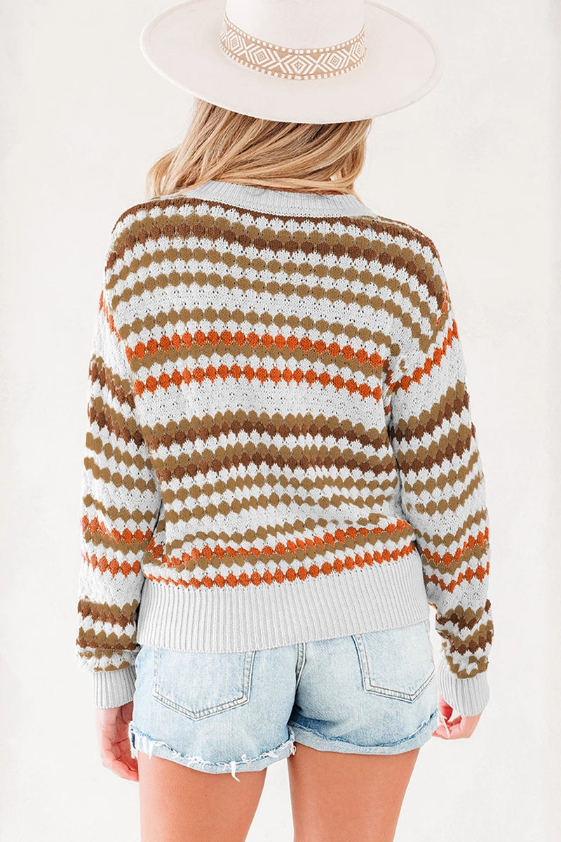 Load image into Gallery viewer, DLLS300 - Ladies Brown Stripe Eyelet Patterned Drop Shoulder Sweater
