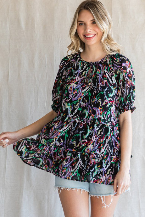 JODIFIL 2 - Ladies Print Frilled Tiered Tie Neck Top