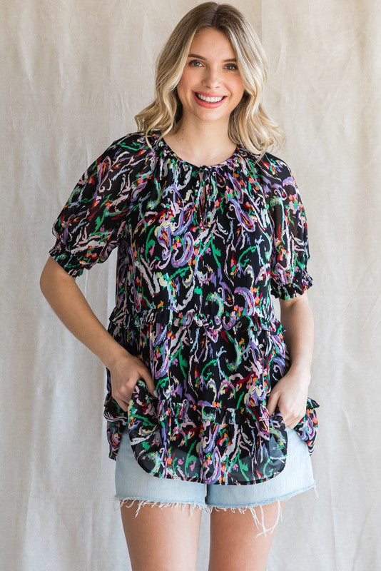 JODIFIL 2 - Ladies Print Frilled Tiered Tie Neck Top