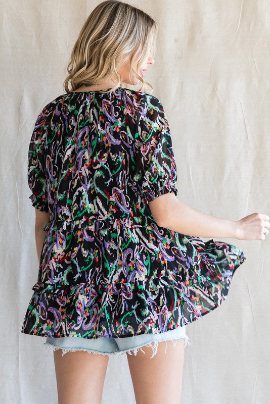 JODIFIL 2 - Ladies Print Frilled Tiered Tie Neck Top