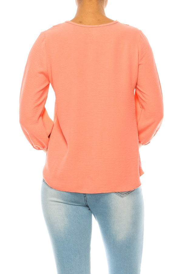 Load image into Gallery viewer, MOATSHT16 - Ladies Salmon 3/4 Sleeve Top With Puff Sleeves And Pearl Accent
