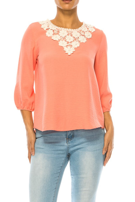 MOATSHT16 - Ladies Salmon 3/4 Sleeve Top With Puff Sleeves And Pearl Accent