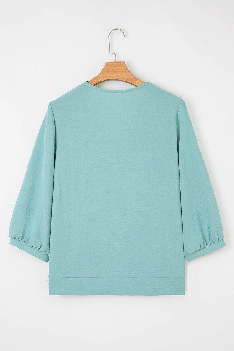 Load image into Gallery viewer, DLLS328 - Ladies Moonlight Jade Frilled V Neckline Bracelet Sleeve Crinkled Blouse
