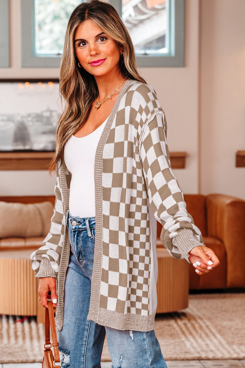 Load image into Gallery viewer, DLLS130 - Ladies Brown Checkered Open Front Drop Shoulder Cardigan
