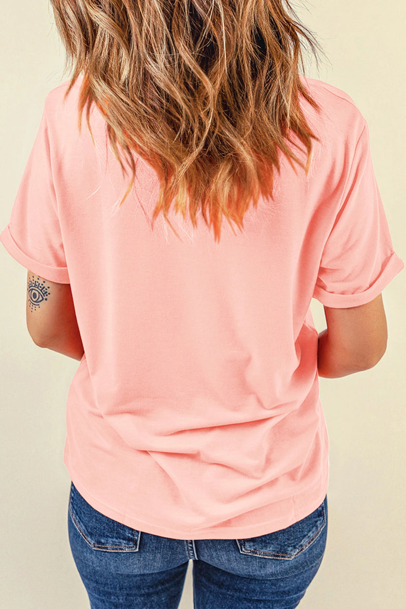 Load image into Gallery viewer, DLLS472 - Ladies Pink He is Risen Patchwork Bow Cross Printed T Shirt
