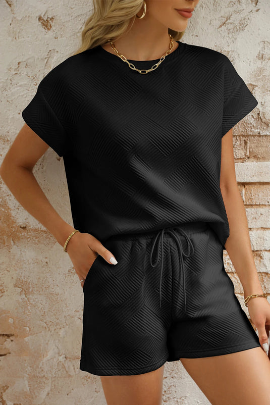 DLLS490 - Ladies Black Textured Short Sleeve Top and Shorts Set