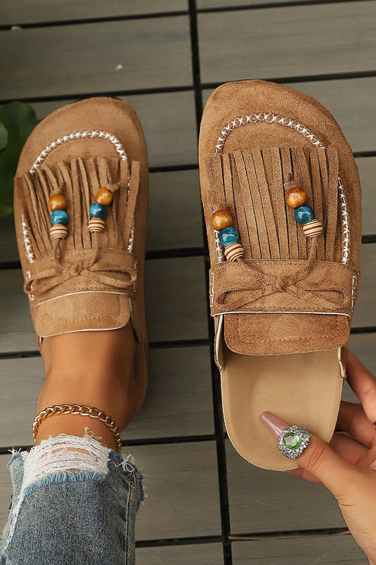 DLLSHOE 175 - Chestnut Boho Fringed Faux Suede Slip-on Loafers Square Toe Slippers