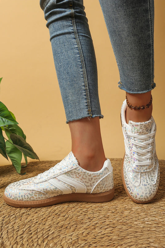 DLLSHOE 27 - White PU Leather Detail Shimmer Leopard Printed Lace-up Sneakers