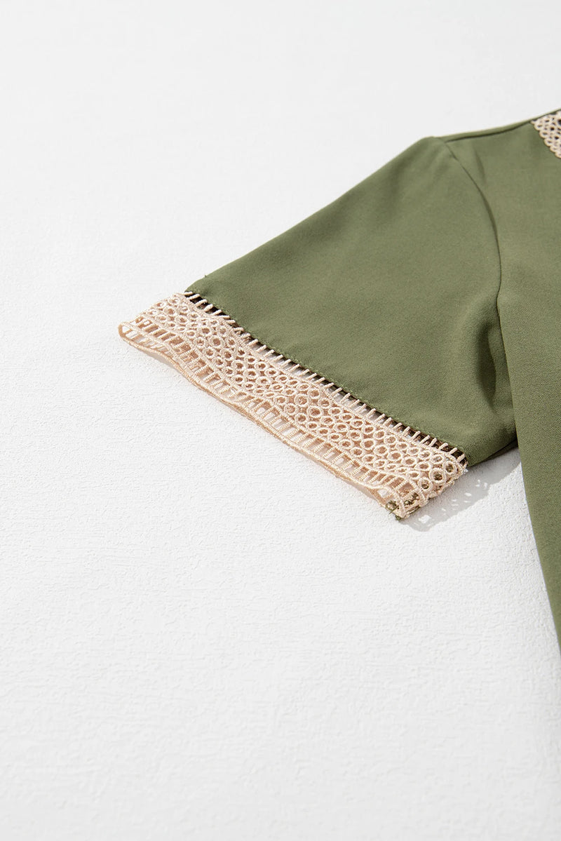 Load image into Gallery viewer, DLLS518 - Ladies Green Lace Trim V Neck Short Sleeve Blouse
