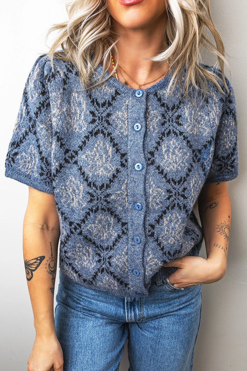 Load image into Gallery viewer, DLLS796 - Ladies Dark Blue Short Sleeve Button Front Boho Knit Top Cardigan
