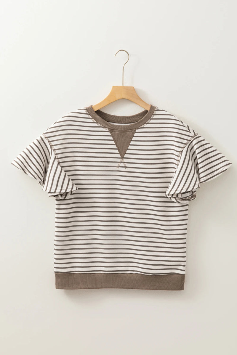 Load image into Gallery viewer, DLLS496 - Ladies Parchment Contrast Detail Striped Ruffle Short Sleeve Top
