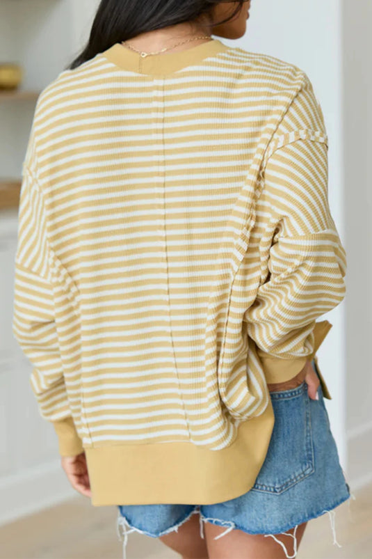 DLLS812 - Ladies Khaki Stripe Textured Knit Color Block Trim Split Hem Long Sleeve Top