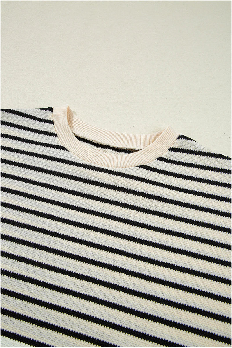 Load image into Gallery viewer, DLLS430 - Ladies Black Stripe Scallop Lace Trim Ruffle Short Sleeves Crewneck Top

