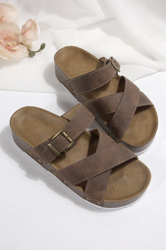 DLLSHOE 122 - Brown Faux Suede PU Leather Strappy Cutout Retro Slippers