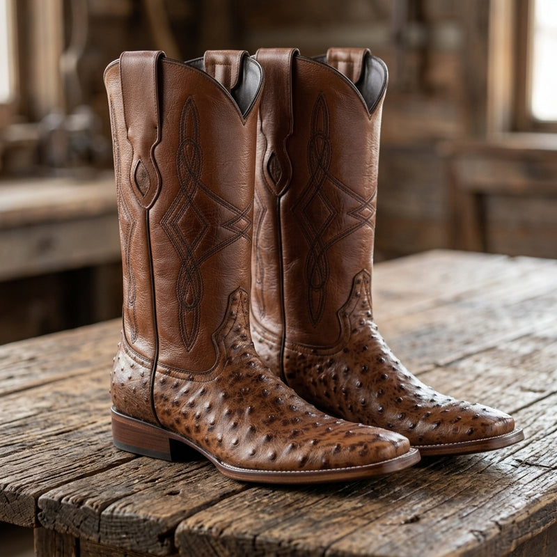 Load image into Gallery viewer, 8006 - RockinLeather Men's Cognac Full Quill Ostrich Square Toe Western Boot
