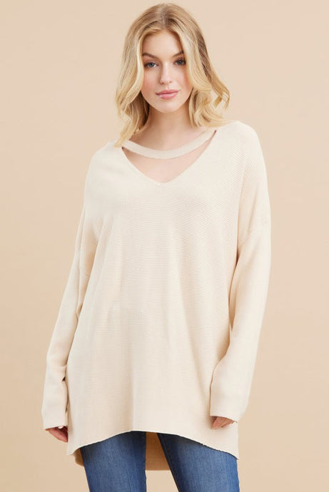 JODIFIL 7 - Ladies Solid Natural Ribbed Knit Keyhole Pullover