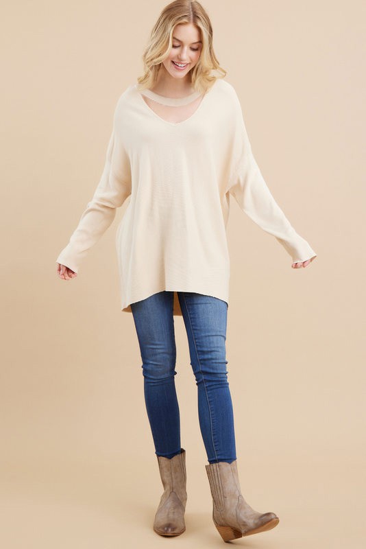 Load image into Gallery viewer, JODIFIL 7 - Ladies Solid Natural Ribbed Knit Keyhole Pullover
