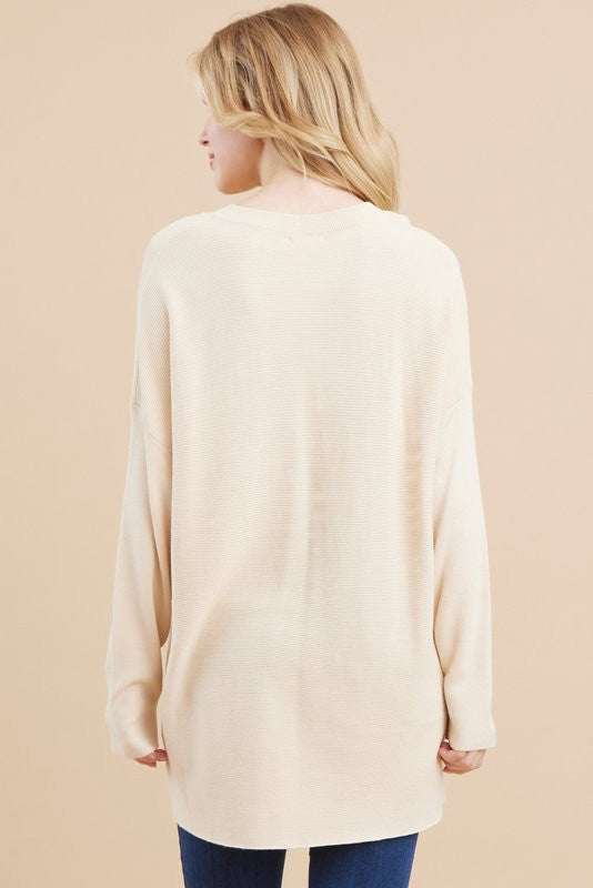 JODIFIL 7 - Ladies Solid Natural Ribbed Knit Keyhole Pullover