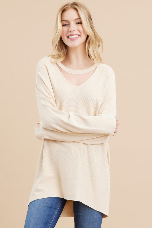 JODIFIL 7 - Ladies Solid Natural Ribbed Knit Keyhole Pullover
