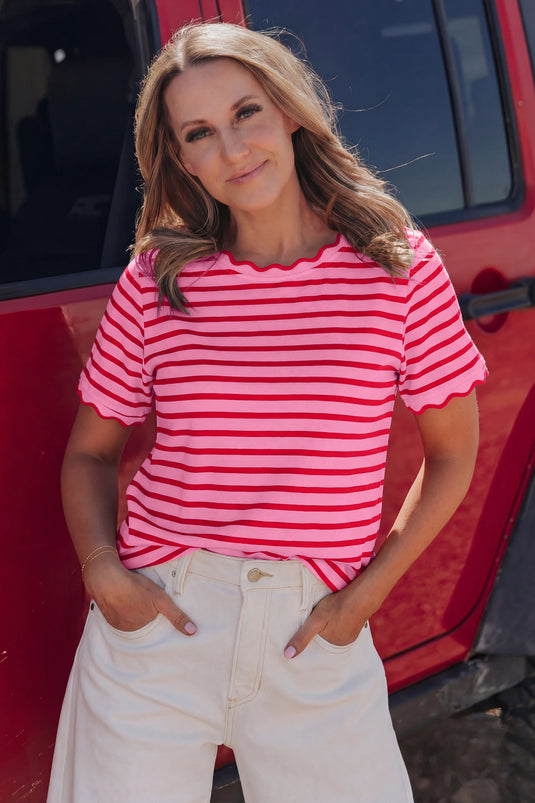 DLLS576 - Ladies Pink Stripe Scalloped Trim Round Neck T Shirt