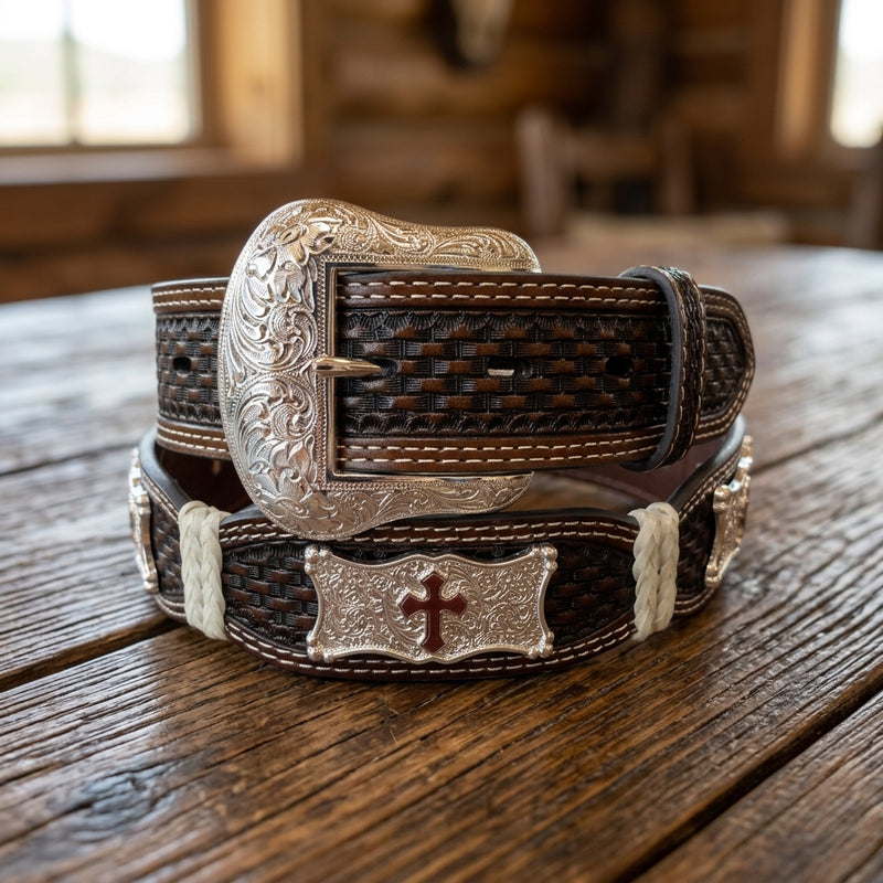Load image into Gallery viewer, 1805 - Men's Chocolate Rawhide Square Cross Belt
