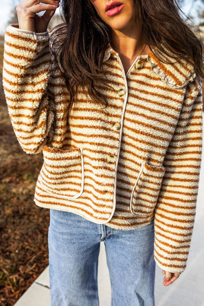 Load image into Gallery viewer, DLLS1023 - Ladies Brown Stripe Striped Fleece Button Front Long Sleeve Regular Fit Jacket
