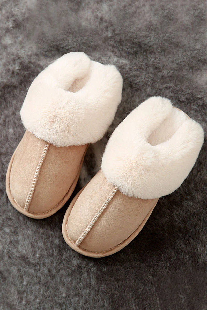 Load image into Gallery viewer, DLLSHOE 125 - Khaki Cut and Sew Faux Suede Plush Lined Slippers
