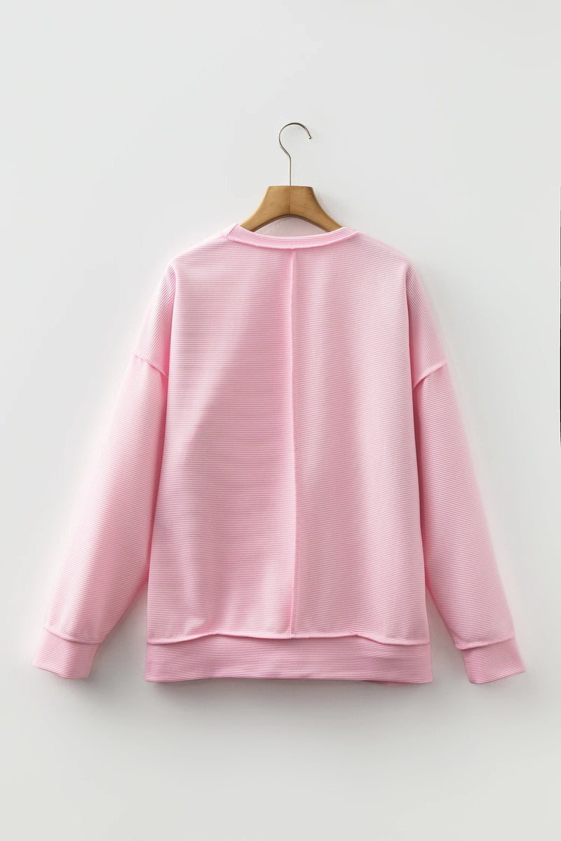 Load image into Gallery viewer, DLLS355 - Ladies Pink Horizontal Ribbed Exposed Seam Detail Long Sleeve Top
