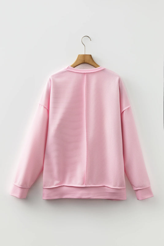 DLLS355 - Ladies Pink Horizontal Ribbed Exposed Seam Detail Long Sleeve Top