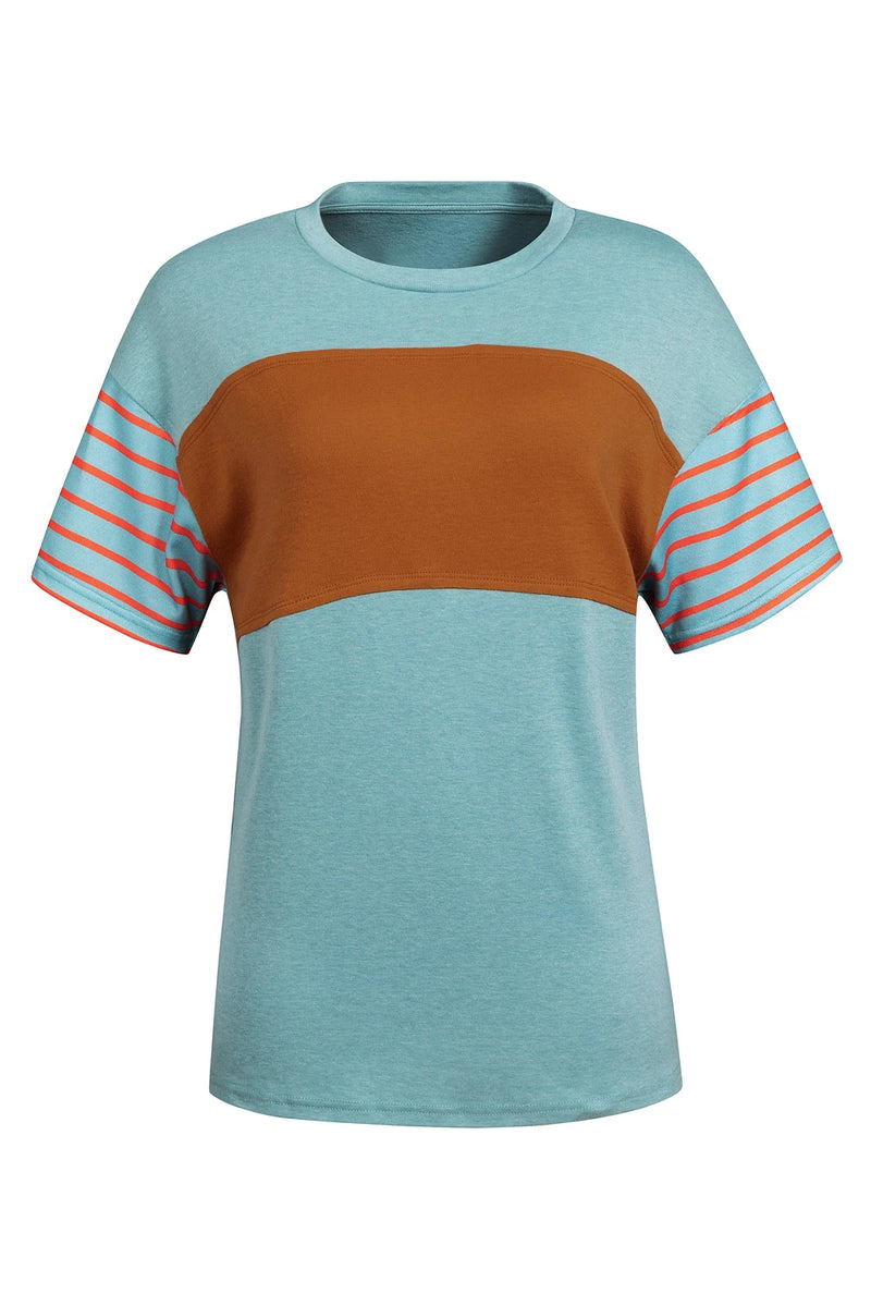 Load image into Gallery viewer, DLLS517 - Ladies Mint Green Color Block Striped Detail Loose T Shirt
