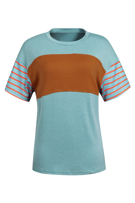 DLLS517 - Ladies Mint Green Color Block Striped Detail Loose T Shirt
