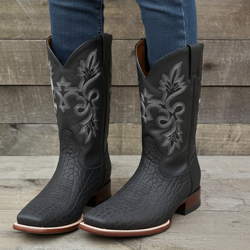 Load image into Gallery viewer, CP1706 - Cowboy Prayer Hand Crafted Genuine Black Bull Shoulder Cowboy Boots
