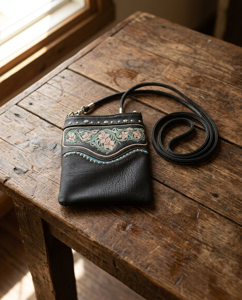 Load image into Gallery viewer, Rainbow Purse 15 - Black with Floral Design on Top
