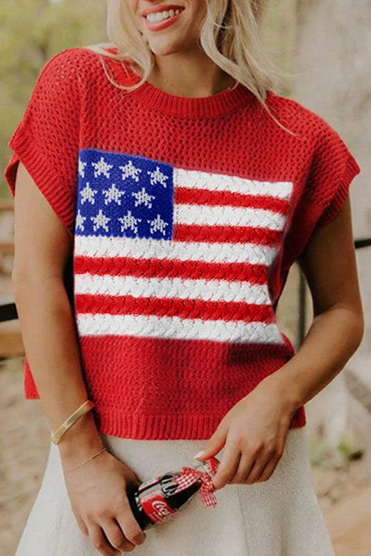 DLLS623 - Ladies Fiery Red Flag Graphic Short Sleeve Sweater Top