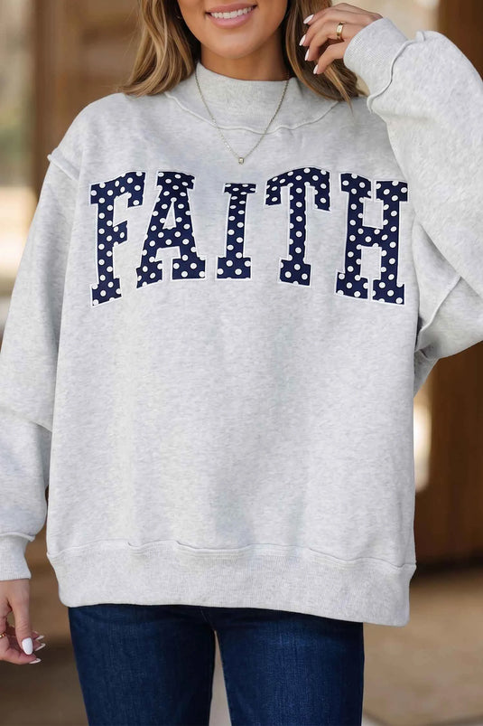 DLLS730 - Ladies Light Grey High Neck Polka Dot Slogan Printed Baggy Sweatshirt