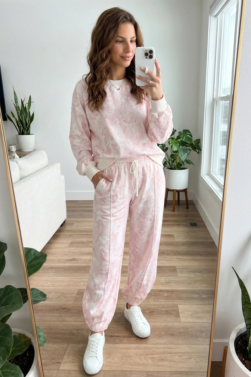 Load image into Gallery viewer, DLLS825 - Ladies Pink Abstract Print Drop Shoulder Drawstring Waist Drawstring Hem Pant Set
