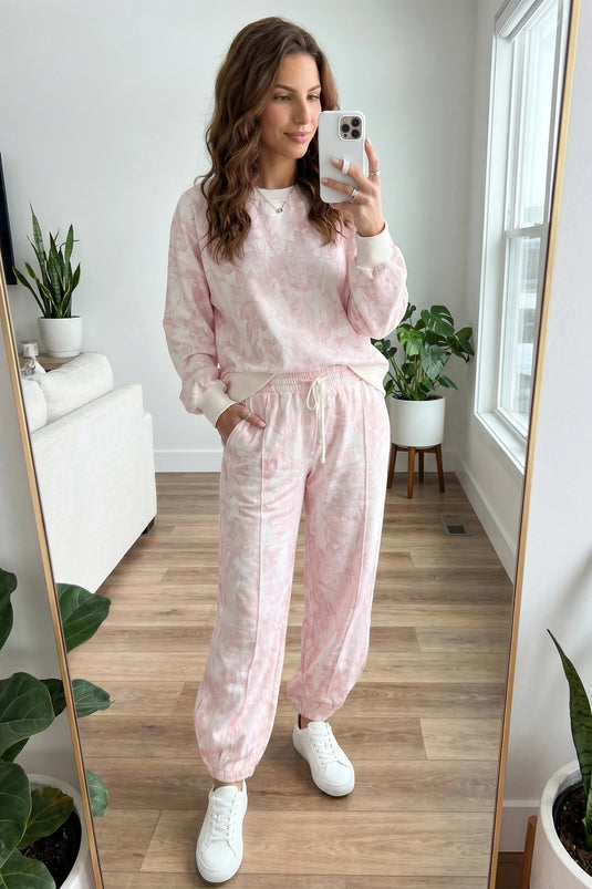 DLLS825 - Ladies Pink Abstract Print Drop Shoulder Drawstring Waist Drawstring Hem Pant Set