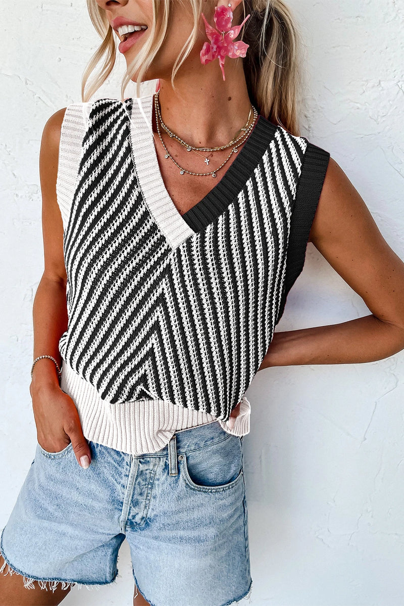 Load image into Gallery viewer, DLLS340 -  Ladies Black Contrast Chevron Knit V Neck Sweater Vest
